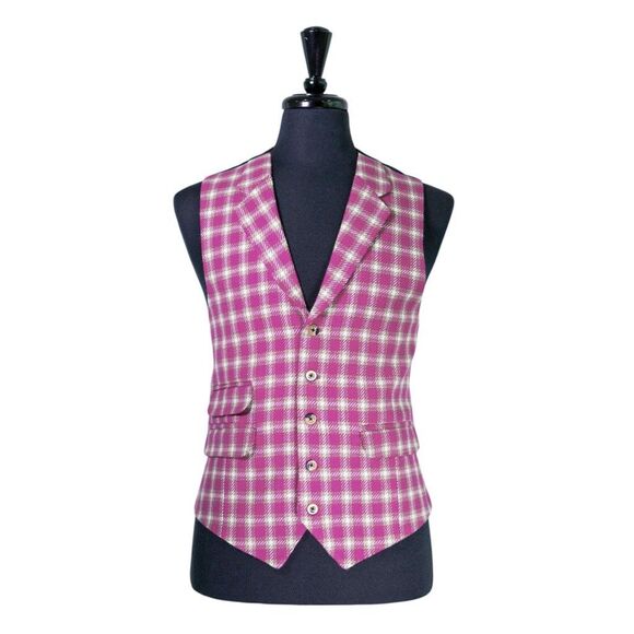 Mens Plaid Vest 42R Pink White Lambswool Waistcoat Formal Wedding Prom Party - Picture 1 of 10